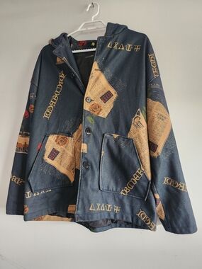 Vintage Japanese Women's Jacket - Navy with Tan Newspaper Print
